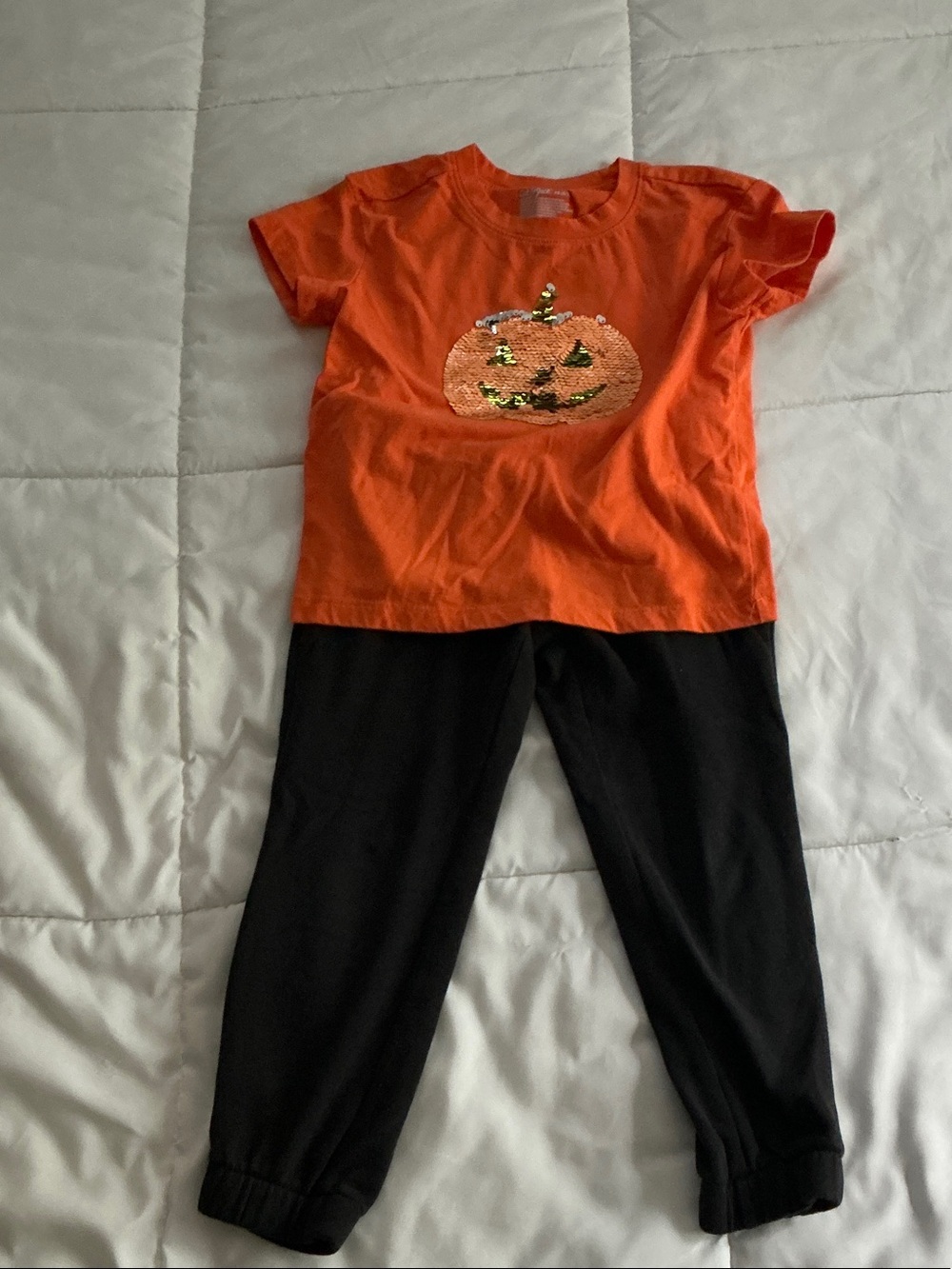 Cat & Jack Orange Pumpkin Sequin Tee with Black Jogger Pants